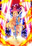  absurdly_long_hair american_flag_dress american_flag_legwear arm_up blonde_hair blush clownpiece danmaku fairy_wings full_body hat jester_cap long_hair looking_at_viewer nanaharu_(0420) open_mouth outstretched_arms pink_eyes print_legwear short_sleeves smile solo star striped touhou very_long_hair wings 
