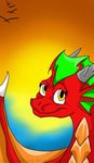  abatar anthro avian bird dragon dragonfirefang female looking_at_viewer red_scales scales scalie simple_background smile solo sun sunset warm_colors white_sclera yellow_eyes 