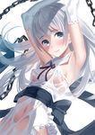  armpits arms_up bad_id bad_pixiv_id bdsm blue_eyes blush bondage bound breasts chain elbow_gloves gloves long_hair looking_at_viewer original sash see-through silver_hair small_breasts solo yasuno_(airy_light) 