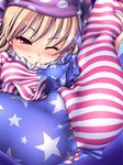  american_flag_dress american_flag_legwear ass blonde_hair blush breasts cameltoe chabo_(fuketsudan) clownpiece covered_nipples fairy_wings hat highres jester_cap long_hair open_mouth pantyhose red_eyes short_sleeves simple_background small_breasts smile solo star striped touhou wings 