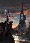  blonde_hair boots cloud cloudy_sky commentary_request dress fantasy floating floating_hair floating_object hat highres kanjou_jouki original rock scenery sitting sky solo sundress sunset water waterfall white_dress 