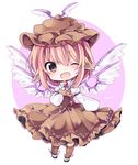  ;d animal_ears blush bow bowtie brown_dress brown_eyes character_name chibi commentary dress full_body hat long_sleeves looking_at_viewer mystia_lorelei one_eye_closed open_mouth pink_hair shoes smile solo touhou wings yukimiya_(parupunta) 