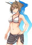  bikini breasts brown_hair collarbone drop_shadow eyelashes green_eyes hand_on_hip headgear highres kantai_collection large_breasts looking_at_viewer monoku mutsu_(kantai_collection) navel sarong shiny shiny_skin short_hair simple_background smile solo swimsuit white_background 