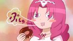  akagi_towa blush_stickers commentary_request doughnut food food_on_face go!_princess_precure parody precure sawashiro_miyuki seiyuu_connection solo style_parody triangle_mouth wakako-zake 