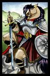 armor black_hair cape clothing equine hair horse ironclaw_(rpg) knight male mammal melee_weapon shield sword tracy_j_butler weapon 