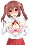  blush bow bow_bra bra breasts brown_hair cleavage ebina_nana himouto!_umaru-chan kouki_kuu large_breasts looking_at_viewer open_clothes open_shirt pink_bra red_eyes red_skirt school_uniform shirt short_hair simple_background skirt solo tears twintails underwear white_background 