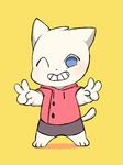  anthro berseepon09 cat clothed clothing feline looking_at_viewer male mammal one_eye_closed simple_background smile solo teeth v_sign 