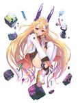  blonde_hair boots fetal_position full_body hair_between_eyes hair_ornament highres horns jacket leotard long_hair long_sleeves official_art open_clothes open_jacket over-kneehighs purple_eyes shirabi solo test_tube thighhighs thighs tokyo_inroaded:_closed_eden very_long_hair white_legwear 
