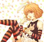  :o animal_ears blonde_hair bunny_ears character_name detached_sleeves eating food frills hairband hunter_x_hunter piyon_(hunter_x_hunter) pom_poms red_eyes short_hair skirt solo striped striped_legwear striped_sleeves thighhighs trochoco white_hairband zettai_ryouiki 