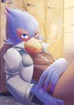  avian bird clothed clothing falco_lombardi kay_(artist) locker looking_at_viewer male nintendo sitting smile solo star_fox video_games 