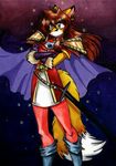  blue_eyes canine cape clothing ear_piercing female fox gloves hair ironclaw_(rpg) magic_user mammal mavra melee_weapon piercing red_hair sword tracy_j_butler weapon 