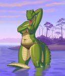  alligator anthro bikini breasts chubby clothed clothing fangs female green_eyes green_sclera half-dressed lake looking_at_viewer navel open_mouth outside partially_submerged reptile scales scalie siyah smile solo swimsuit thick_tail thick_thighs tongue tongue_out topless tree under_boob voluptuous water wet wide_hips 