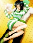 1girl bespectacled black_hair blue_eyes esther glasses light_smile long_hair looking_at_viewer lying lying_on_person nico_robin on_stomach one_piece one_piece:_strong_world outstretched_arms ponytail roronoa_zoro short_hair thighs wooden_floor 