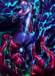  2015 blue_eyes blue_lips blue_skin boots bow breasts butt clothed clothing drow elf footwear hair hi_res hoodie humanoid legwear lips long_hair looking_back smile tentacle_monster tentacles thigh_high_boots white_hair xdtopsu01 