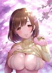  breasts brown_eyes brown_hair cherry_blossoms chiericyan food large_breasts looking_at_viewer onigiri original ribbed_sweater short_hair smile solo sweater turtleneck 