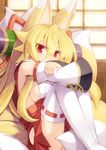  animal_ears blonde_hair breasts covering_mouth crossed_arms detached_sleeves eyebrows eyebrows_visible_through_hair fox_ears fox_tail hakama_skirt highres hip_vent izuna_(shinrabanshou) japanese_clothes kyuubi large_breasts leg_hug long_hair looking_at_viewer miko miniskirt multiple_tails no_bra no_panties pussy_peek red_eyes ribbon-trimmed_legwear ribbon_trim saru_000 scroll shinrabanshou sideboob skirt slit_pupils solo tail thick_eyebrows thighhighs white_legwear 