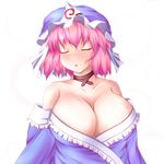  bare_shoulders blush breasts cleavage closed_eyes commentary_request highres japanese_clothes large_breasts mellpon off_shoulder pink_hair saigyouji_yuyuko short_hair solo touhou triangular_headpiece 
