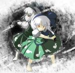  back-to-back bad_id bad_nicoseiga_id bandages barefoot hair_ribbon hairband katana konpaku_youmu konpaku_youmu_(ghost) mimiru_(mimill) multiple_girls open_mouth red_eyes ribbon short_hair silver_hair skirt slit_pupils spell_card sword touhou weapon 