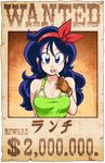  blue_hair breasts character_name cleavage dragon_ball dragon_ball_(classic) finger_to_face fingerless_gloves gloves hairband lunch_(dragon_ball) medium_breasts mike_luckas poster purple_eyes solo wanted 