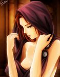  breasts cloak dragon_age dragon_age:_origins esther from_side hood hooded_cloak leliana_(dragon_age) looking_at_viewer medium_breasts original red_hair short_hair solo 