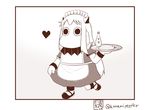  1girl alternate_costume artist_name commentary enmaided heart horns kantai_collection long_hair maid maid_headdress mary_janes mayonnaise mittens monochrome moomin muppo northern_ocean_hime sazanami_konami shinkaisei-kan shoes solo tray twitter_username 