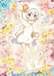  animal_ears animal_hood boots capelet dress fake_animal_ears hood long_hair mahou_shoujo_madoka_magica momoe_nagisa multicolored multicolored_eyes official_art pom_pom_(clothes) ringed_eyes smile solo stuffed_animal stuffed_sheep stuffed_toy trading_card white_hair 