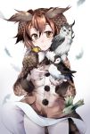  1girl animal animal_print bird bird_print bird_wings black_hair brown_eyes brown_hair closed_mouth coat eurasian_eagle_owl_(kemono_friends) eyebrows_visible_through_hair feathers fur_collar hair_between_eyes hands_up head_wings kemono_friends light_smile long_sleeves looking_at_viewer medium_hair multicolored_hair nanana_(nanana_iz) owl pantyhose pocket pom_pom_(clothes) print_coat upper_body white_hair white_legwear wings 