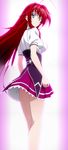  ahoge back blue_eyes breasts female gradient gradient_background high_school_dxd highres large_breasts legs long_hair looking_back miniskirt red_hair rias_gremory school_uniform short_skirt skirt smile solo standing stitched 
