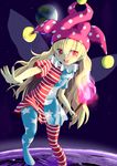  american_flag_dress american_flag_legwear blonde_hair blush clownpiece earth fairy_wings hat highres ishikkoro jester_cap long_hair looking_at_viewer moon open_mouth pantyhose pointy_ears print_legwear red_eyes short_sleeves smile solo star striped touhou wings 