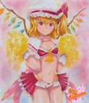  adapted_costume alternate_costume artist_name ascot blonde_hair blush bra capelet cheerleader copyright_name crystal flandre_scarlet hat hat_ribbon heart looking_at_viewer marker_(medium) mayo_riyo midriff mob_cap navel open_mouth overskirt panties pastel_(medium) pointy_ears pom_poms red_eyes ribbon side_ponytail solo touhou traditional_media underwear wings 
