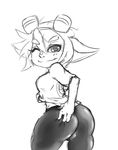  butt female league_of_legends looking_at_viewer looking_back monochrome one_eye_closed solo tristana video_games wink yordle 