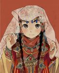  :| black_hair blush braid closed_mouth earrings grey_eyes hair_ornament hair_over_shoulder hat headdress jewelry long_hair looking_at_viewer necklace otoyomegatari pariya red_background simple_background solo sunameri_oishii traditional_clothes twin_braids upper_body 