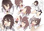  1girl blue_eyes breasts brown_hair censored closed_eyes commentary_request cum cum_in_mouth fellatio hayasui_(kantai_collection) hetero highres jacket kantai_collection large_breasts oral penis penis_kiss short_hair simple_background skirt solo_focus tomoyuki_kotani tongue tongue_out track_jacket translation_request white_background 