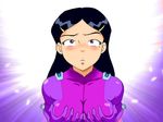  artist_request black_hair blush bodysuit breast_grab breasts cleavage dark_hair grabbing grabbing_own_breast gradient gradient_background hand_on_own_breasts long_hair looking_at_viewer mandy_(totally_spies) naughty_face purple_eyes solo totally_spies 
