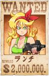  blonde_hair breasts character_name cleavage dragon_ball dragon_ball_(classic) fingerless_gloves gloves green_eyes gun hairband imi_uzi large_breasts lunch_(dragon_ball) mike_luckas poster solo submachine_gun wanted weapon 