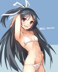  alternate_costume bikini black_hair blue_background blue_eyes breasts groin hair_ribbon hand_behind_head hand_on_hip kantai_collection katsuragi_(kantai_collection) long_hair looking_at_viewer messy_hair open_mouth ribbon skinny small_breasts smile solo swimsuit takanashi_kei_(hitsujikan) white_bikini white_ribbon 