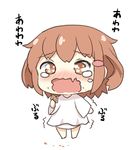  alternate_costume brown_eyes brown_hair commentary_request crying crying_with_eyes_open hair_ornament hairclip ikazuchi_(kantai_collection) kantai_collection kotanu_(kotanukiya) long_sleeves lowres open_mouth simple_background solo tears translation_request trembling unagi_pie watery_eyes wavy_mouth white_background younger 