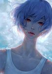  air_bubble ayanami_rei blue_hair bubble hair_between_eyes highres lia_marin looking_at_viewer neon_genesis_evangelion parted_lips realistic red_eyes red_lips short_hair solo submerged underwater upper_body 