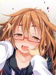  1girl blush brown_eyes brown_hair finger_in_mouth glasses hetero highres kantai_collection long_hair looking_at_viewer mochizuki_(kantai_collection) mouth_pull ogami_kazuki open_mouth red-framed_eyewear saliva school_uniform serafuku short_hair smile tears torogao 