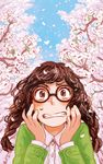  braid brown-framed_eyewear brown_hair cherry_blossoms clenched_teeth curly_hair day eyes face glasses hands_on_own_cheeks hands_on_own_face monaka_(siromona) original petals round_eyewear shirt sky solo sweatdrop teeth twin_braids upper_body 