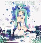  2015 animal bad_id bad_pixiv_id breasts bug bustier butterfly character_name cleavage copyright_name corset dangmill deer earrings flower gloves green_eyes green_hair hat hatsune_miku highres insect jewelry large_breasts long_hair mini_hat mini_top_hat panties seiza side-tie_panties sitting solo thighhighs top_hat twintails underwear very_long_hair vocaloid white_gloves white_legwear 