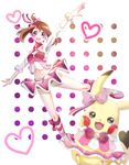  :3 absurdres anklet blue_eyes blurry blush bow bowtie brown_hair cosplay_pikachu depth_of_field gen_1_pokemon hair_bow haruka_(pokemon) heart heart-shaped_pupils high_heels highres idol jewelry navel no_socks open_mouth pikachu pleated_skirt pokemon pokemon_(creature) pokemon_(game) pokemon_rse polka_dot polka_dot_background rie_(moyktti) shorts shorts_under_skirt showgirl_skirt skirt smile symbol-shaped_pupils wristband 