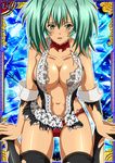  1girl breasts cleavage dark_skin female green_eyes green_hair ikkitousen large_breasts long_hair open_mouth panties red_panties ryofu_housen sitting solo torn_clothes twintails underwear 