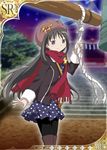  akemi_homura alternate_costume bell black_legwear brooch casual coat dress hat jewelry joya_no_kane long_hair mahou_shoujo_madoka_magica official_art pantyhose polka_dot polka_dot_dress purple_eyes rope scarf shrine shrine_bell smile solo trading_card winter_clothes 