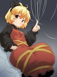  ahoge blonde_hair blush breasts dress hair_ribbon index_finger_raised kurodani_yamame looking_at_viewer natsu_no_koucha ponytail reclining ribbon short_hair silk small_breasts smile solo spider_web touhou webbing yellow_eyes 