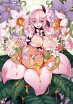  alraune blue_eyes blush breasts drill_hair elbow_gloves flower gloves hair_flower hair_ornament highres kenkou_cross large_breasts long_hair looking_at_viewer monster_girl monster_girl_encyclopedia naughty_face nectar nipples non-web_source official_art pink_hair plant_girl side_ponytail solo 