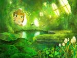  bangs bird brown_hair flower green green_eyes hand_to_own_mouth highres lily_pad monaka_(siromona) nature original pond scenery solo window 