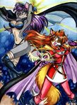 2001 anthro blue_eyes breasts brown_eyes canine cape cleavage clothed clothing duo ear_piercing female fox hair ironclaw_(rpg) magic_user mammal mavra piercing purple_hair red_hair serilda slayers tracy_j_butler wolf 