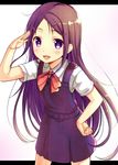  bad_id bad_pixiv_id black_hair charlotte_(anime) dress long_hair otosaka_ayumi pinafore_dress purple_eyes salute school_uniform sekiyu. solo standing 
