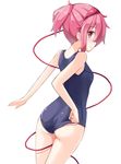  alternate_costume alternate_hairstyle ass blush komeiji_satori looking_at_viewer looking_back ominaeshi_(takenoko) one-piece_swimsuit pink_eyes pink_hair ponytail profile school_swimsuit short_hair smile solo swimsuit touhou white_background 